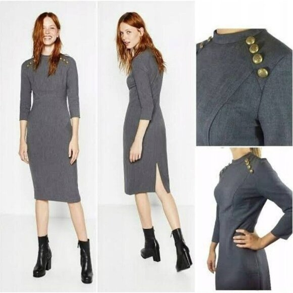 Zara Dresses & Skirts - Zara Woman Gray Tweed Pencil Tube Nautical Button Midi Dress Medium‎